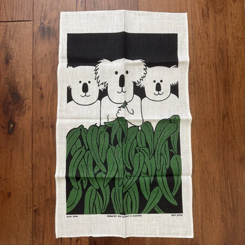 VINTAGE Pam Price KOALA Pure Linen Tea Towel Kitchen Towel Australia NWOT 18x32